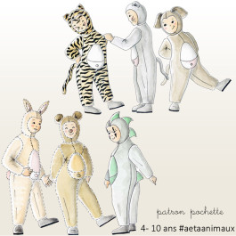 Patron déguisement animaux enfant tigre, lapin, chat, souris, ours, dinosaurre