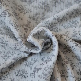 Tissu double-gaze fleurs gris en coton Bio GOTS au mètre