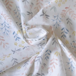 Tissu popeline coton bio fleurs et feuilles gris et rouille sur fond blanc