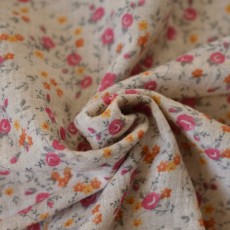 Tissu double-gaze fleurs rose beige Coton Bio à coudre 