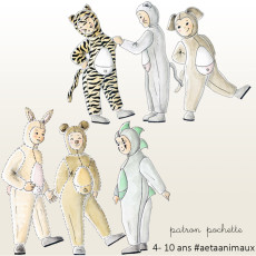 Patron déguisement animaux enfant tigre, lapin, chat, souris, ours, dinausore
