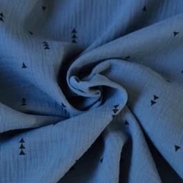 Tissu double gaze triangles noirs bleu jean