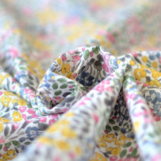 Tissu voile de coton Bio fleurs rose, jaune, vert, gris style liberty